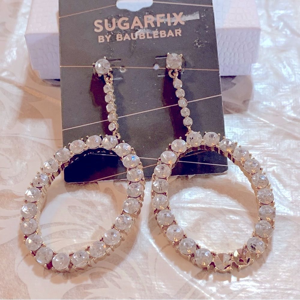 Sugarfix Pierced Earrings 3” Large Oval with Clear Crystal Rhinestones